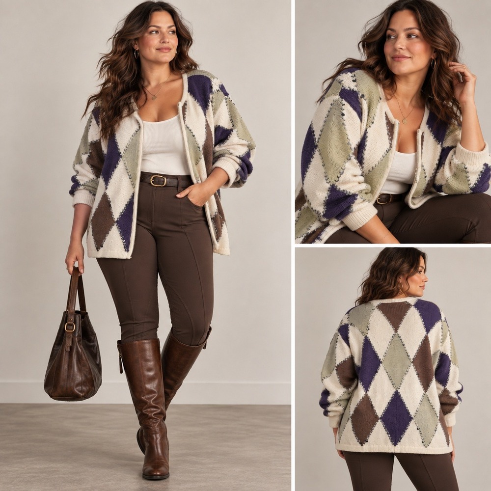 Vintage Dressbarn Argyle Zip Cardigan 22/24 Cotton Sweater Plus Size Y2K